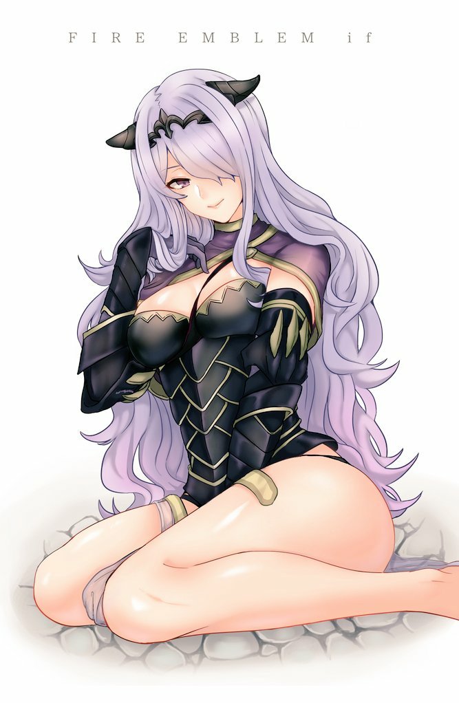 1girl akina_(akn_646) armor between_breasts black_armor breasts camilla_(fire_emblem_if) copyright_name fire_emblem fire_emblem_if gloves hair_over_one_eye horn_ornament long_hair purple_hair simple_background sitting smile solo tiara vambraces wavy_hair white_background