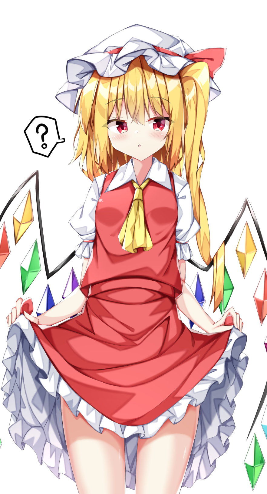 1girl ? ascot bangs closed_mouth clothes_lift cowboy_shot crystal flandre_scarlet hat hat_ribbon highres lifted_by_self long_hair looking_at_viewer mob_cap one_side_up red_eyes red_ribbon red_skirt red_vest ribbon sabana shirt short_sleeves simple_background skirt skirt_lift solo spoken_question_mark standing touhou vest white_background white_headwear white_shirt wings yellow_ascot