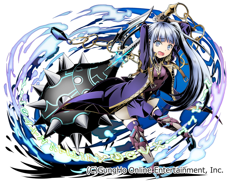 1girl :o arms_up blue_eyes brown_gloves chains copyright_request full_body gloves holding holding_weapon jacket long_hair mace magic official_art purple_jacket purple_legwear side_ponytail silver_hair solo standing subaru_(hz) thigh-highs watermark weapon