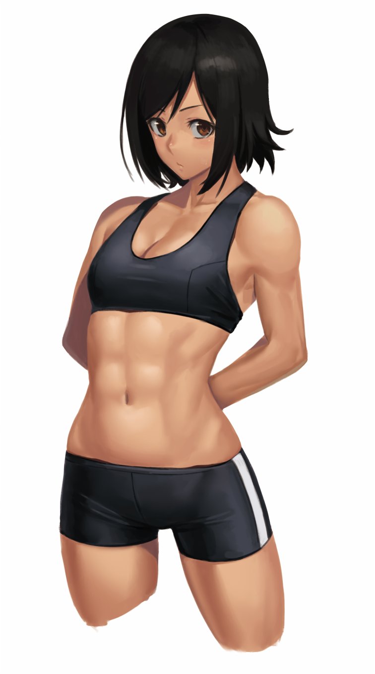 1girl abs arms_behind_back bangs bike_shorts black_hair breasts brown_eyes cleavage cropped_legs highres muscle muscular_female navel original ranma_(kamenrideroz) small_breasts solo sports_bra swept_bangs white_background