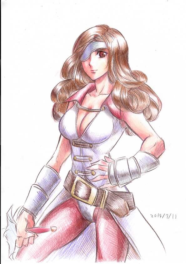 1girl beatrix belt breasts brown_eyes brown_hair cleavage closed_mouth commentary_request eyepatch final_fantasy final_fantasy_ix long_hair pantyhose sio2_(nisankakeiso) solo sword weapon