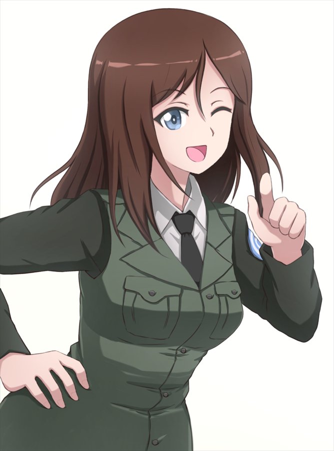 1girl black_jacket black_neckwear blue_eyes brown_hair commentary dress_shirt emblem girls_und_panzer hand_on_hip jacket leaning_forward long_hair long_sleeves looking_at_viewer megumi_(girls_und_panzer) necktie omachi_(slabco) one_eye_closed open_mouth pointing pointing_at_viewer selection_university_(emblem) selection_university_military_uniform shirt smile solo standing upper_body white_shirt wing_collar
