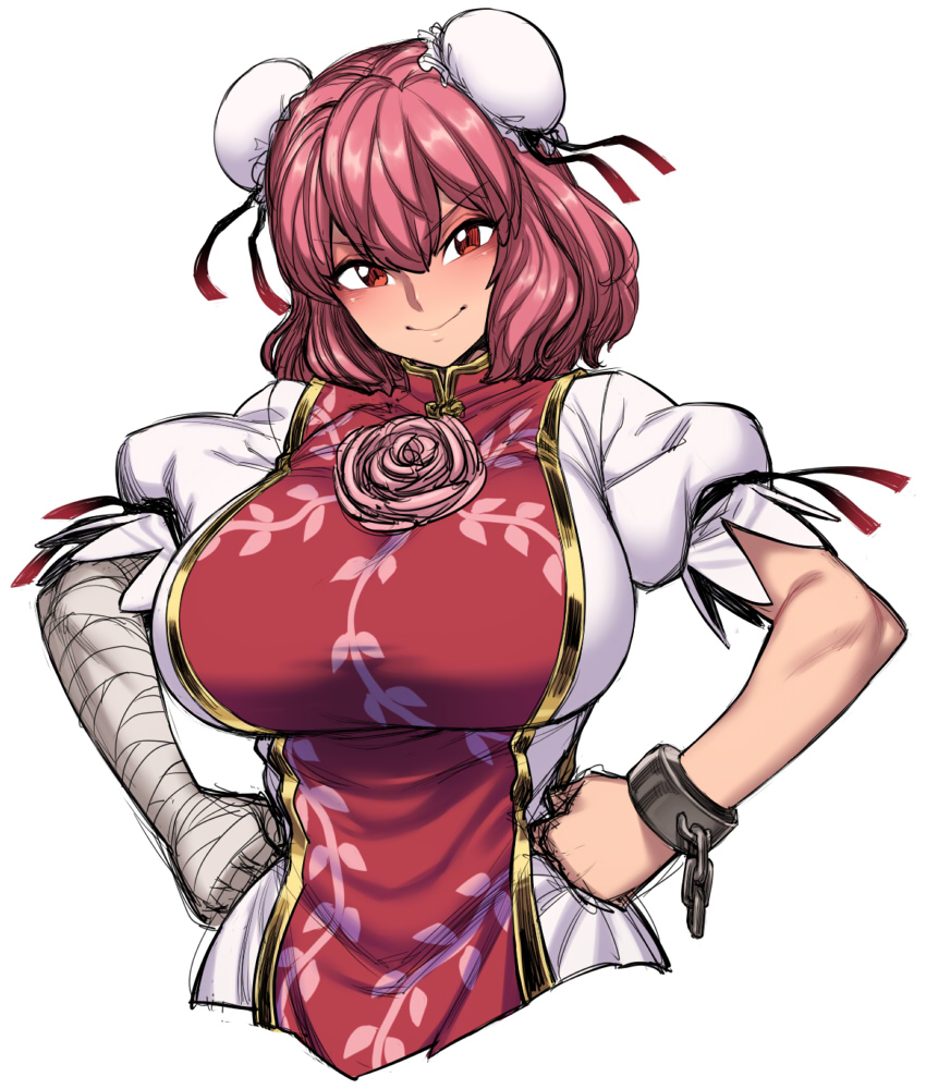1girl bandage bandaged_arm blush breasts bun_cover chinese_clothes cuffs double_bun eyebrows_visible_through_hair flower hands_on_hips ibaraki_kasen large_breasts pink_flower pink_hair pink_rose puffy_short_sleeves puffy_sleeves red_eyes rose shackles short_hair short_sleeves smile solo space_jin tabard touhou upper_body white_background