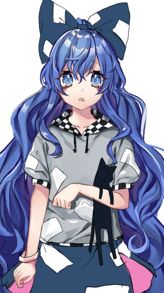 1girl bangle blue_bow blue_eyes blue_hair blue_skirt bow bracelet checkered collarbone commentary_request cowboy_shot debt drawstring drooling eyebrows_visible_through_hair grey_hoodie hair_between_eyes hair_bow holding holding_stuffed_animal hood hoodie jewelry kyouda_suzuka long_hair looking_at_viewer parted_lips puffy_short_sleeves puffy_sleeves short_sleeves simple_background sketch skirt solo standing stuffed_animal stuffed_cat stuffed_toy touhou very_long_hair wavy_hair white_background work_in_progress yorigami_shion
