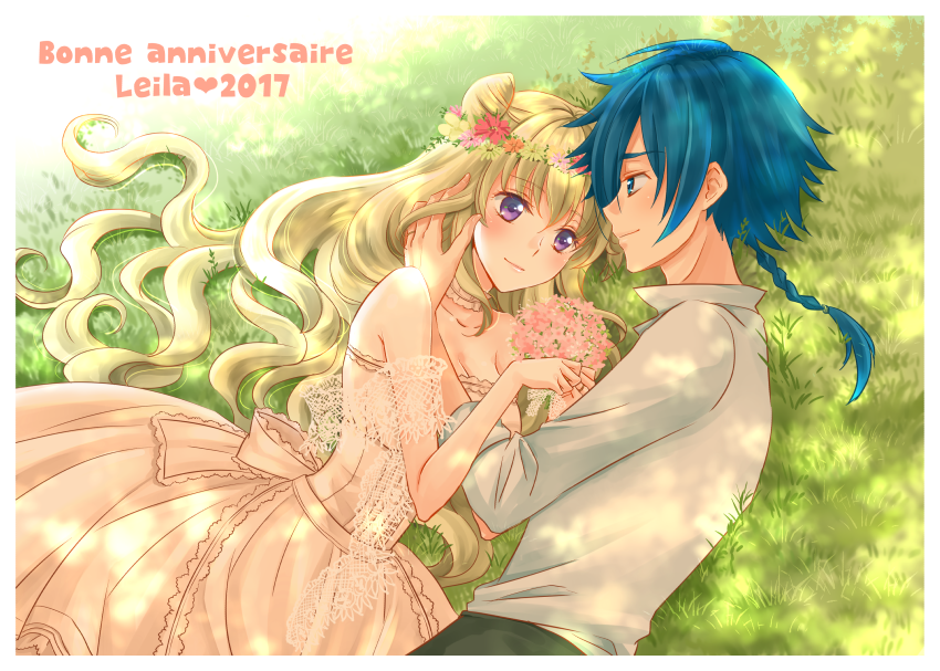 1boy 1girl 2017 arm_strap blonde_hair blue_eyes blue_hair bouquet braid character_name choker code_geass:_boukoku_no_akito collarbone day dress eye_contact flower french happy_birthday head_wreath holding holding_bouquet hyuuga_akito komaichi leila_(code_geass) long_hair looking_at_another lying on_side outdoors pink_flower ponytail ranguage shirt single_braid sleeveless sleeveless_dress smile striped striped_dress very_long_hair violet_eyes wedding_dress white_dress white_shirt