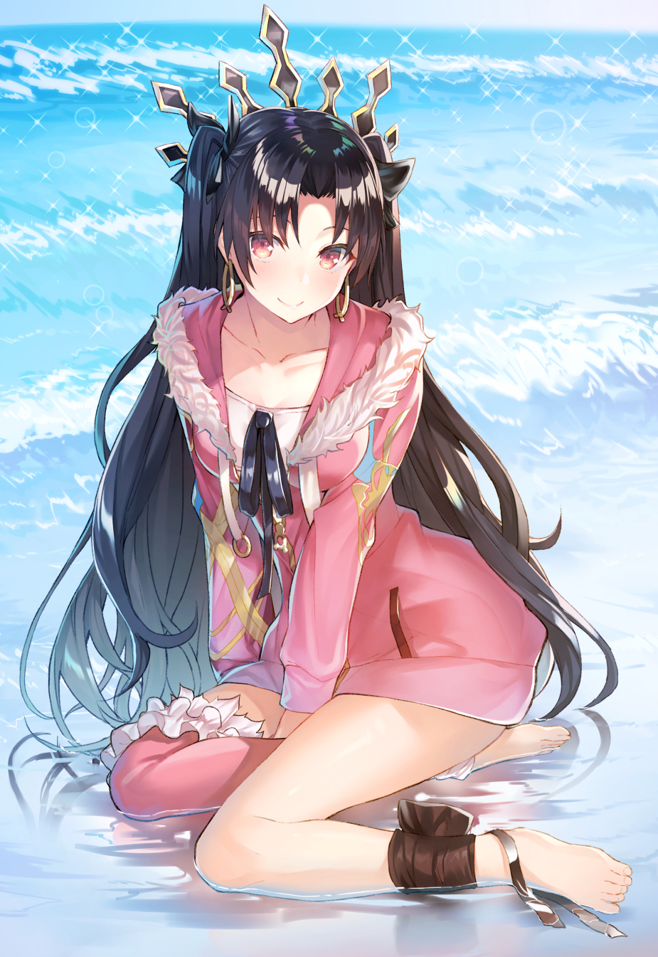 1girl ankle_ribbon bangs barefoot beach between_legs black_hair black_ribbon blush breasts cleavage closed_mouth collarbone commentary_request day drawstring earrings fate/grand_order fate_(series) full_body fur_collar garters hair_between_eyes hair_ribbon hakuishi_aoi head_tilt highres hood hood_down hoop_earrings ishtar_(fate/grand_order) jewelry long_hair looking_at_viewer no_pants ocean outdoors parted_bangs pink_eyes pink_hoodie pink_legwear pocket reflection ribbon shiny shiny_hair single_thighhigh sitting small_breasts smile solo sparkle thigh-highs tiara toeless_legwear toenails two_side_up very_long_hair yokozuwari