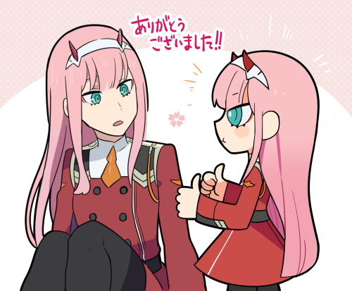 2girls aqua_eyes bright_pupils chibi darling_in_the_franxx dual_persona hairband height_difference horned_headwear long_hair looking_at_another lowres mato_(mozu_hayanie) multiple_girls pantyhose pink_background pink_hair simple_background sitting thank_you thumbs_up two-tone_background uniform white_background zero_two_(darling_in_the_franxx)