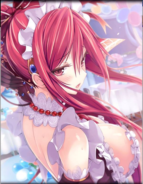 1girl apron artist_request blush breasts gloves hair_ornament hair_ribbon hair_up hand_in_hair huge_breasts jewelry long_hair maid maid_apron maid_headdress necklace official_art open_mouth pearl_necklace phantom_of_the_kill ponytail red_eyes redhead ribbon shekinah_(phantom_of_the_kill)