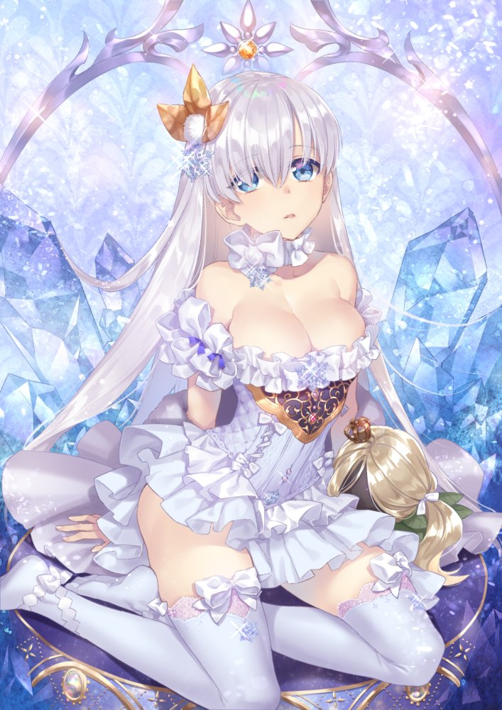 1girl anastasia_(fate/grand_order) bare_shoulders blue_eyes bow_thighhighs breasts demmy detached_collar dress eyebrows_visible_through_hair fate/grand_order fate_(series) hair_ornament looking_at_viewer short_dress silver_hair sitting snowflake_hair_ornament solo strapless strapless_dress thigh-highs white_dress white_legwear white_thighhighs yokozuwari