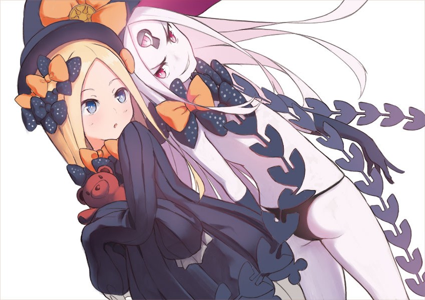 2girls :o abigail_williams_(fate/grand_order) ass bangs black_bow black_dress black_gloves black_hat black_panties blonde_hair blue_eyes bow bug butterfly commentary_request dress dual_persona dutch_angle elbow_gloves fate/grand_order fate_(series) gloves hair_bow hat head_tilt insect long_hair long_sleeves looking_at_viewer looking_to_the_side multiple_girls object_hug orange_bow pale_skin panties parted_bangs parted_lips pixiv_fate/grand_order_contest_2 polka_dot polka_dot_bow red_eyes revealing_clothes s.w simple_background sleeves_past_fingers sleeves_past_wrists smirk stuffed_animal stuffed_toy teddy_bear underwear very_long_hair white_background witch_hat