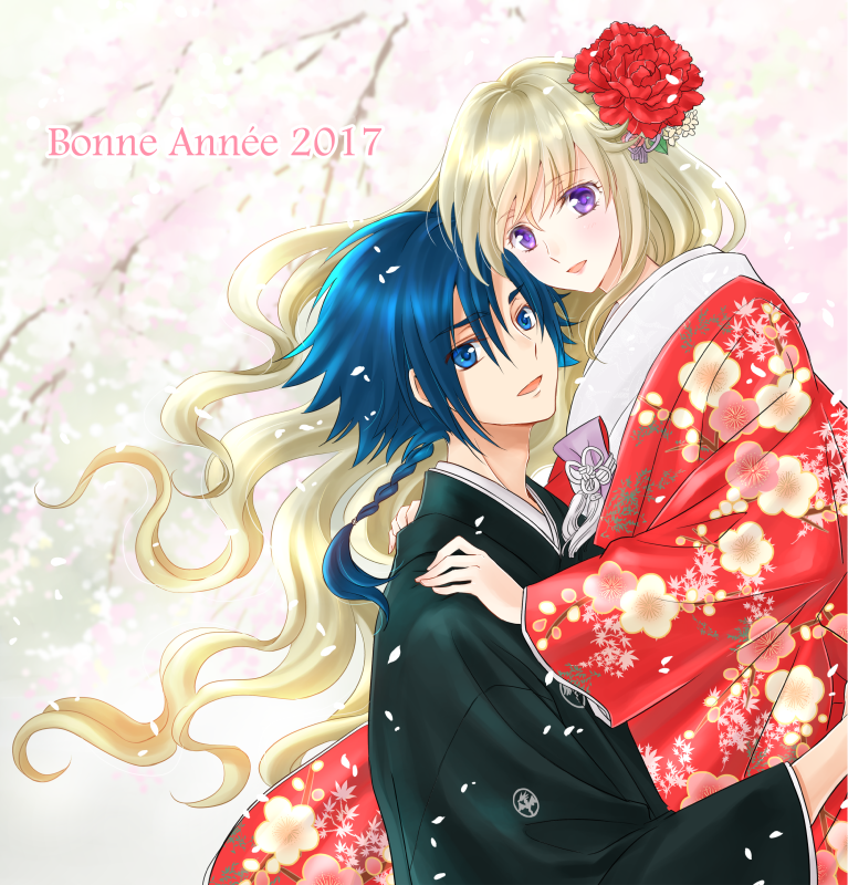 1boy 1girl 2017 :d black_kimono blonde_hair blue_eyes blue_hair braid cherry_blossoms code_geass:_boukoku_no_akito couple day eyebrows_visible_through_hair floating_hair flower french furisode hair_between_eyes hair_flower hair_ornament hands_on_another's_shoulders happy_new_year holding_person hyuuga_akito japanese_clothes kimono komaichi leila_(code_geass) long_hair looking_at_viewer new_year open_mouth outdoors ponytail red_flower red_kimono red_rose rose single_braid smile translated very_long_hair violet_eyes