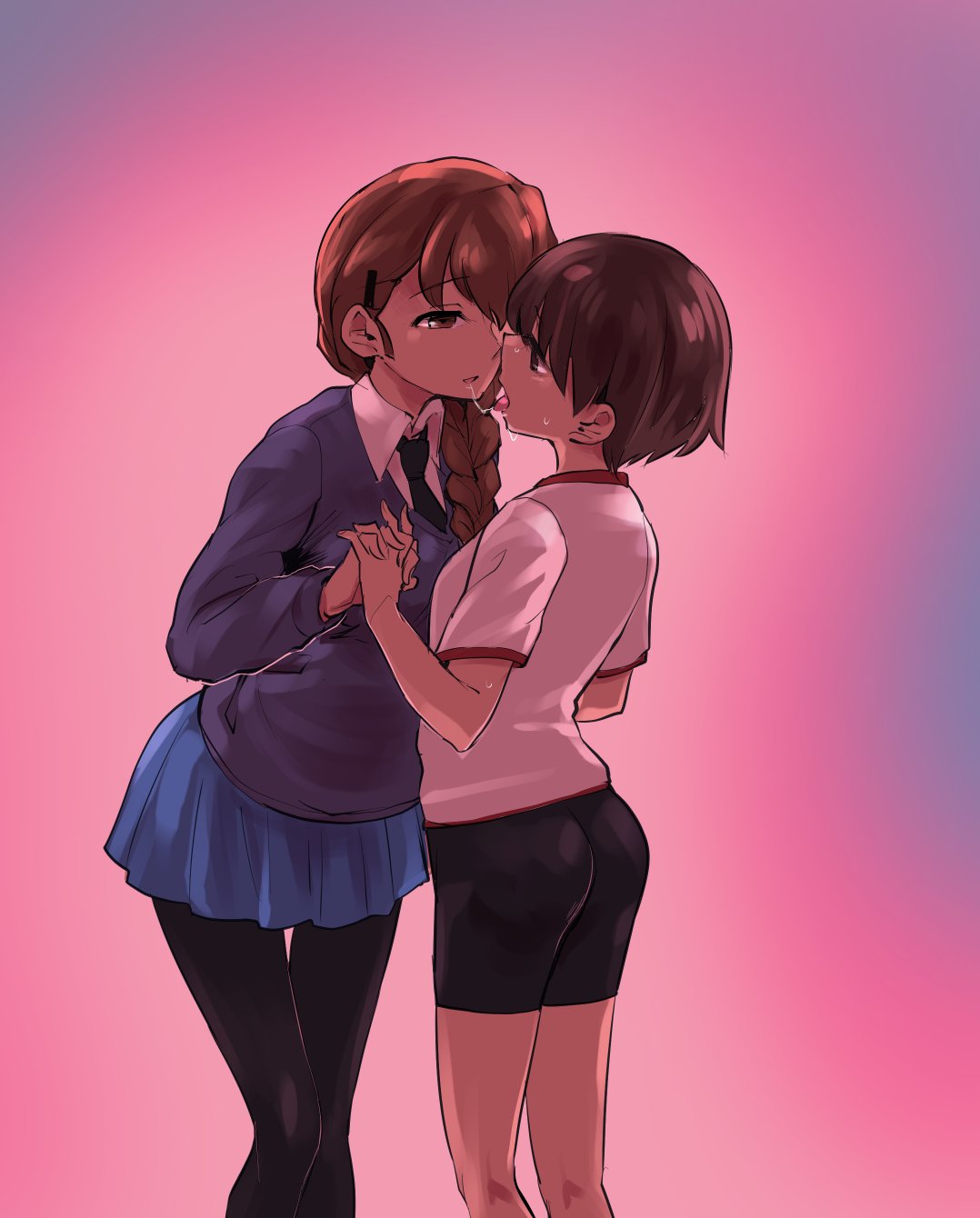 2girls after_kiss aomushi_(mushamusha) ass bangs bike_shorts black_legwear black_neckwear black_shorts blue_skirt blue_sweater braid brown_eyes brown_hair commentary cowboy_shot dress_shirt eyebrows_visible_through_hair girls_und_panzer gym_shirt gym_uniform hair_ornament hair_over_shoulder hairclip hands_together highres interlocked_fingers isobe_noriko leaning_forward long_hair long_sleeves looking_at_another miniskirt multiple_girls necktie open_mouth pantyhose pink_background pleated_skirt rukuriri saliva saliva_trail school_uniform shirt short_hair short_shorts short_sleeves shorts simple_background single_braid skirt smile st._gloriana's_school_uniform standing sweat sweater t-shirt v-neck white_shirt wing_collar