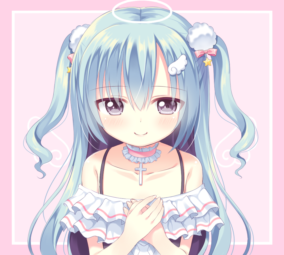 1girl bangs blue_hair blush bow brown_eyes choker closed_mouth collarbone cross_choker drawn_wings dress eyebrows_visible_through_hair fingernails frilled_choker frills hair_between_eyes hair_bow hair_ornament halo hands_up latin_cross long_hair off-shoulder_dress off_shoulder original own_hands_together pink_choker pom_pom_(clothes) red_bow riria_(happy_strawberry) smile solo star two_side_up very_long_hair white_dress wing_hair_ornament