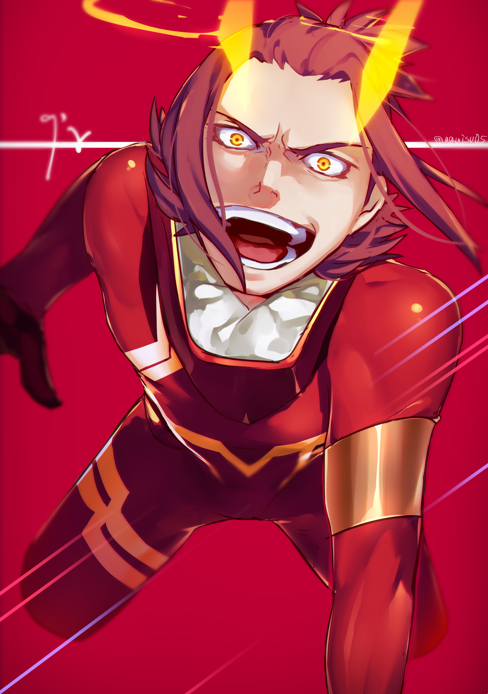 1boy bodysuit character_name darling_in_the_franxx half_updo highres male_focus nine_gamma open_mouth pilot_suit red_background red_bodysuit redhead simple_background solo transparent_horns twitter_username uguisu_(ryu) yellow_eyes