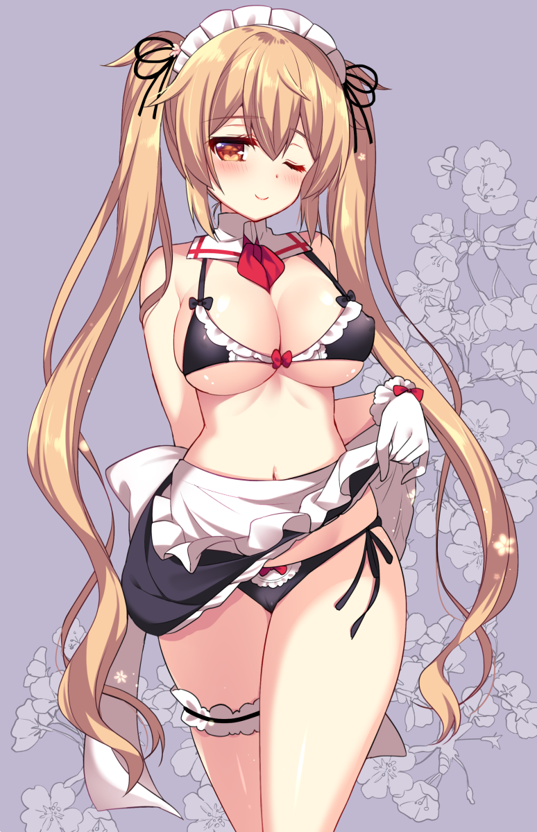 1girl alternate_costume black_bra black_panties black_skirt blush bra breasts closed_mouth enmaided eyebrows_visible_through_hair floral_background frilled_skirt frills gloves grey_background hair_between_eyes highres kantai_collection large_breasts light_brown_hair long_hair looking_at_viewer maid maid_headdress murasame_(kantai_collection) navel one_eye_closed panties ringo_sui simple_background skirt skirt_lift smile solo standing thigh_strap twintails underwear upper_body very_long_hair white_gloves