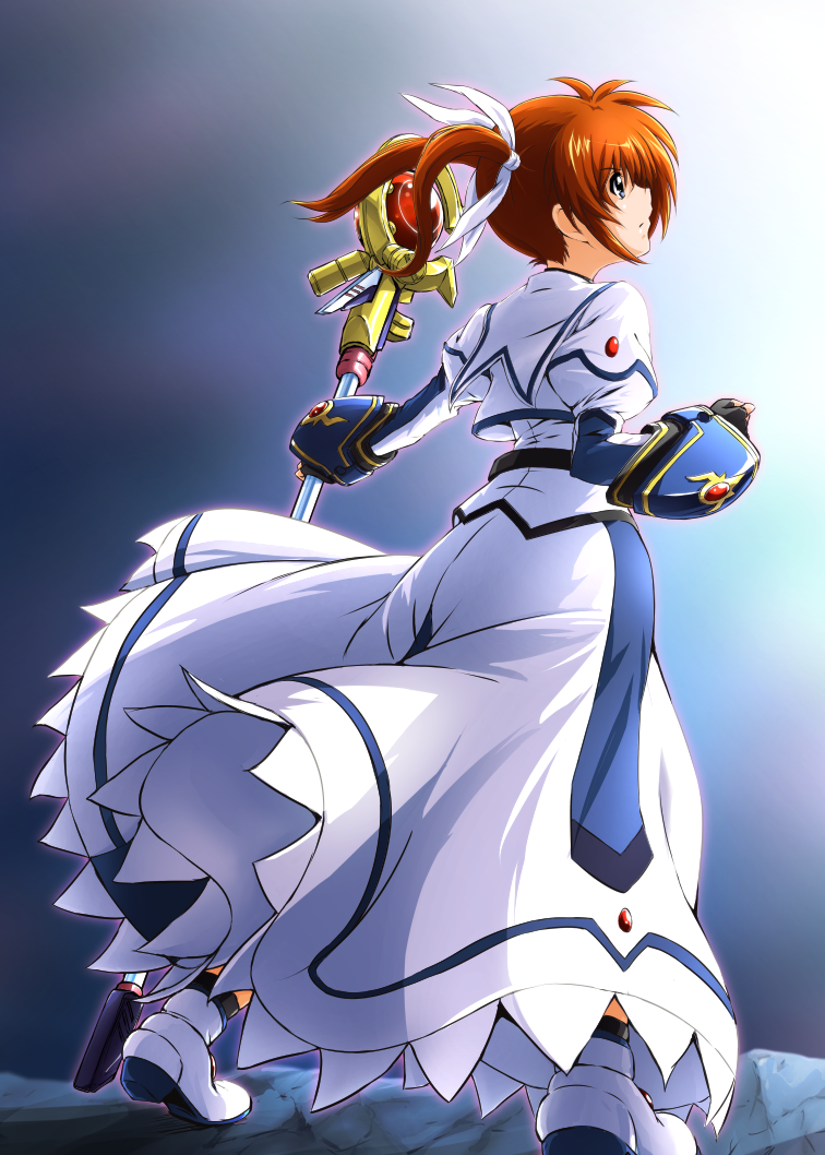 1girl black_gloves brown_hair cropped_jacket diesel-turbo fingerless_gloves from_behind frown gauntlets gloves hair_ribbon jacket juliet_sleeves long_sleeves looking_up lyrical_nanoha mahou_shoujo_lyrical_nanoha mahou_shoujo_lyrical_nanoha_a's mahou_shoujo_lyrical_nanoha_the_movie_2nd_a's puffy_sleeves raising_heart ribbon shiny shiny_hair short_twintails skirt staff standing takamachi_nanoha twintails violet_eyes