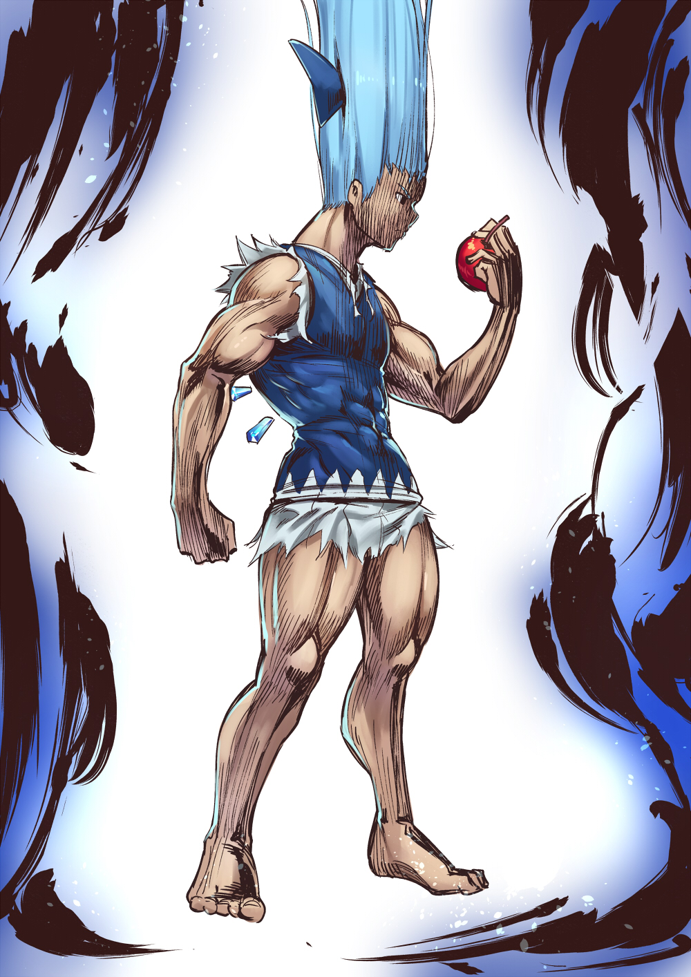 1boy abs apple asutora aura bare_arms barefoot blue_background blue_bow blue_eyes blue_hair blue_vest bow cirno clenched_hand commentary_request food forehead fruit full_body genderswap genderswap_(ftm) gon-san gradient gradient_background hair_bow hair_raising hand_up highres holding holding_fruit ice ice_wings long_hair male_focus muscle profile shirt sleeveless sleeveless_shirt solo torn_clothes touhou very_long_hair vest white_background white_shirt wings