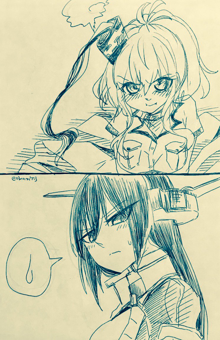 2girls 2koma angry blush breast_pocket breasts closed_mouth collared_dress comic dress eyebrows_visible_through_hair greyscale hair_between_eyes hair_ornament headgear kantai_collection long_hair looking_at_viewer monochrome multiple_girls nagato_(kantai_collection) nami_nami_(belphegor-5812) neckerchief pocket puffy_cheeks saratoga_(kantai_collection) short_sleeves side_ponytail smoke smokestack spoken_sweatdrop sweat sweatdrop traditional_media twitter_username upper_body