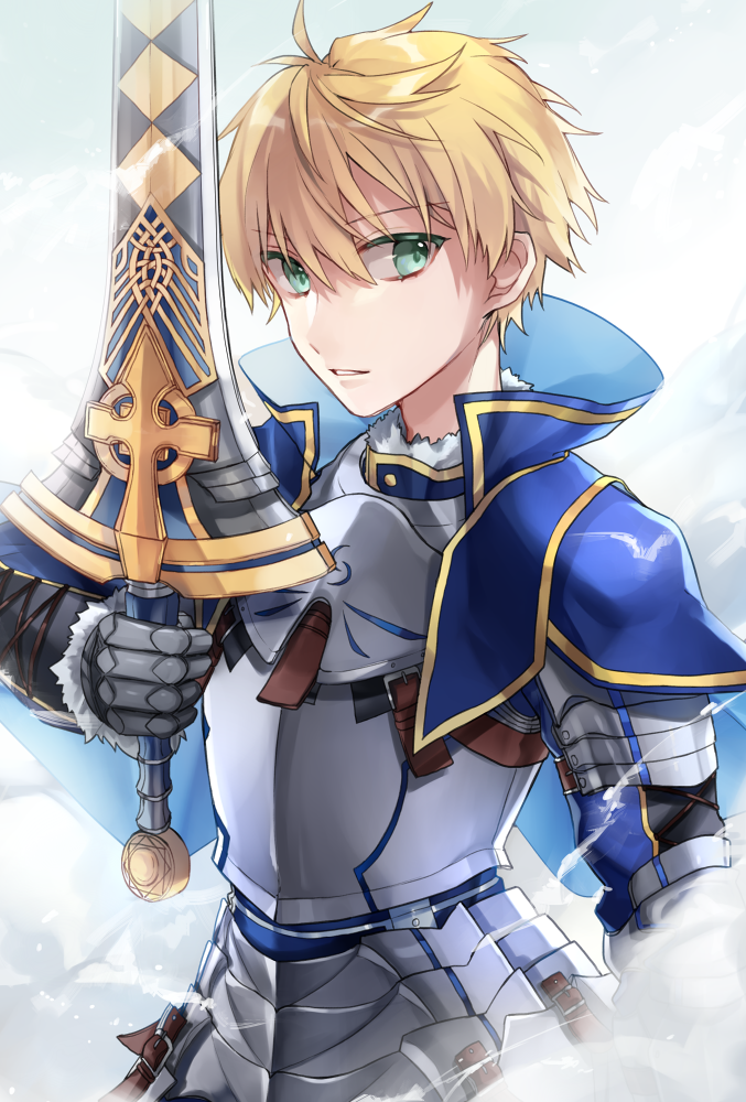 1boy armor arthur_pendragon_(fate) blonde_hair blue_cape breastplate cape excalibur_(fate/prototype) eyebrows_visible_through_hair fate/prototype fate_(series) gauntlets green_eyes hair_between_eyes holding holding_sword holding_weapon looking_to_the_side parted_lips shiao solo sword upper_body weapon