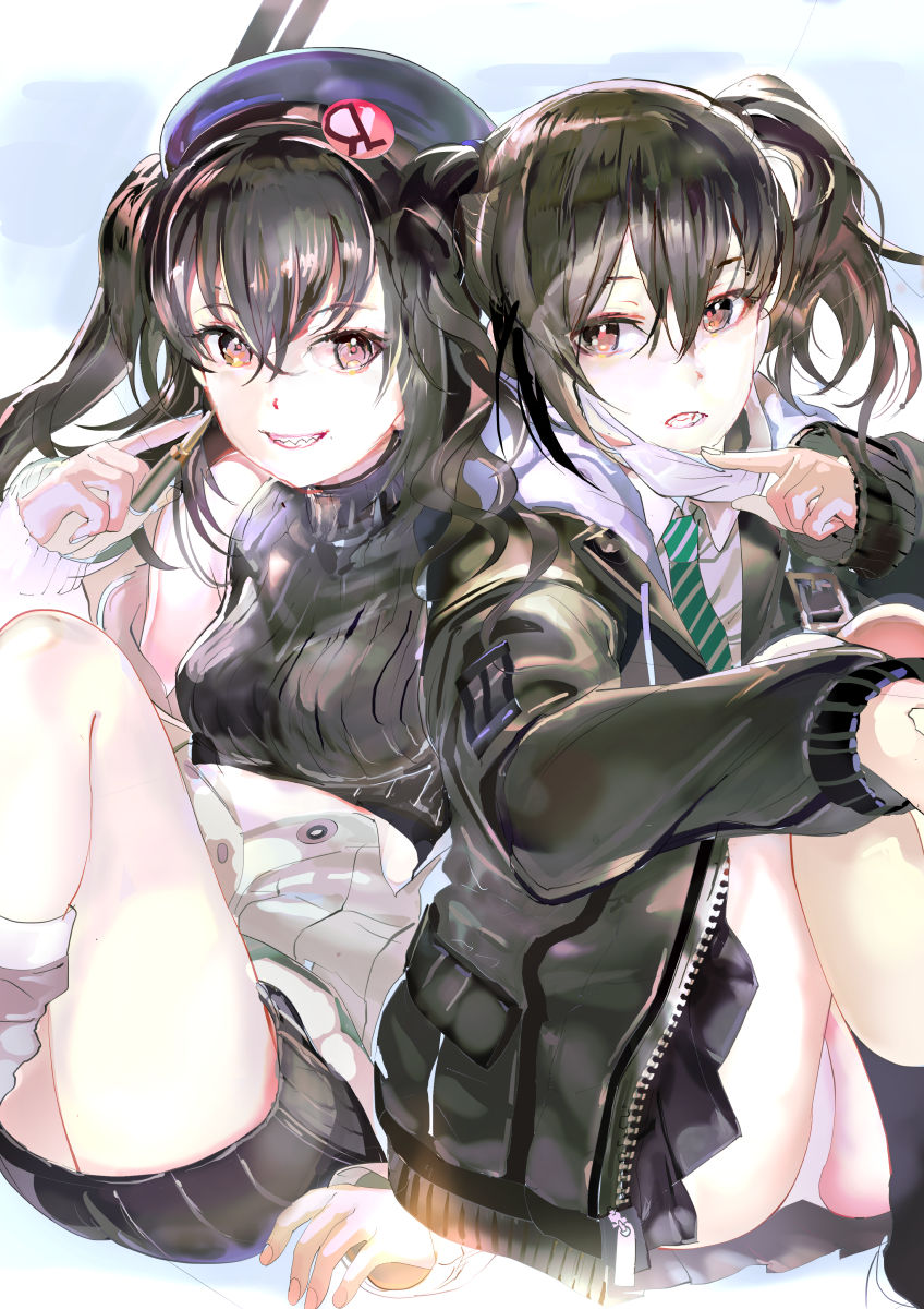 119 2girls arm_support ass bangs bare_shoulders beret black_hair black_jacket black_legwear black_skirt black_sweater brown_eyes collared_shirt commentary_request crop_top drawstring dual_persona green_neckwear grin hair_between_eyes hand_up hat highres hood hood_down hooded_jacket idolmaster idolmaster_cinderella_girls jacket knees_up long_hair long_sleeves looking_at_viewer mask_pull midriff_peek miniskirt multiple_girls necktie off_shoulder open_clothes open_jacket panties parted_lips pleated_skirt revision ribbed_sweater shirt side-by-side sidelocks sitting skirt sleeveless sleeveless_turtleneck smile socks striped striped_neckwear sunazuka_akira surgical_mask sweater teeth thighs turtleneck twintails underwear white_jacket white_legwear white_panties white_shirt zipper
