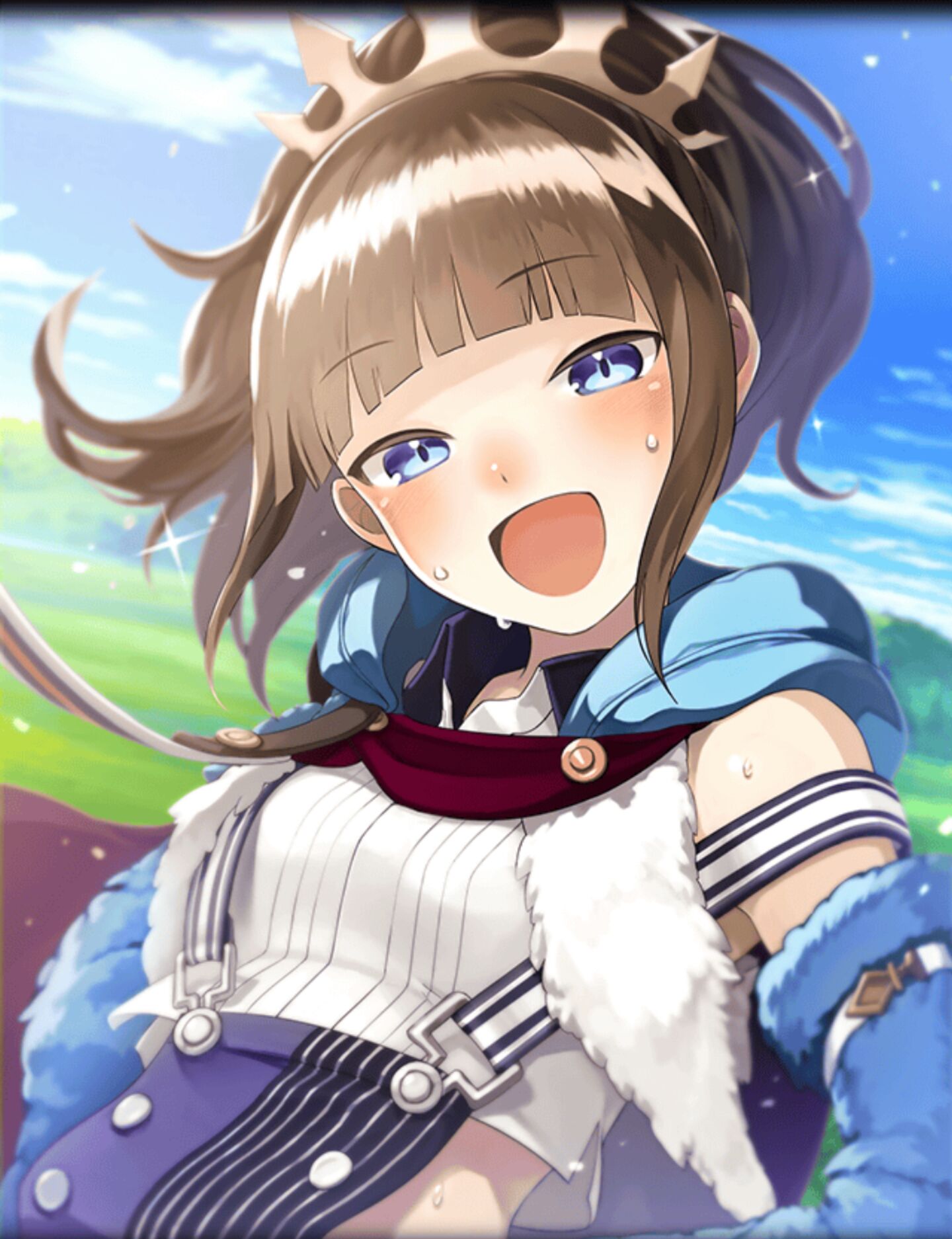 artist_request blue_cape blue_eyes blush brown_hair cape crown_hair_ornament dempagumi headband highres official_art open_mouth phantom_of_the_kill pinky_(dempagumi) ponytail suspenders sweat