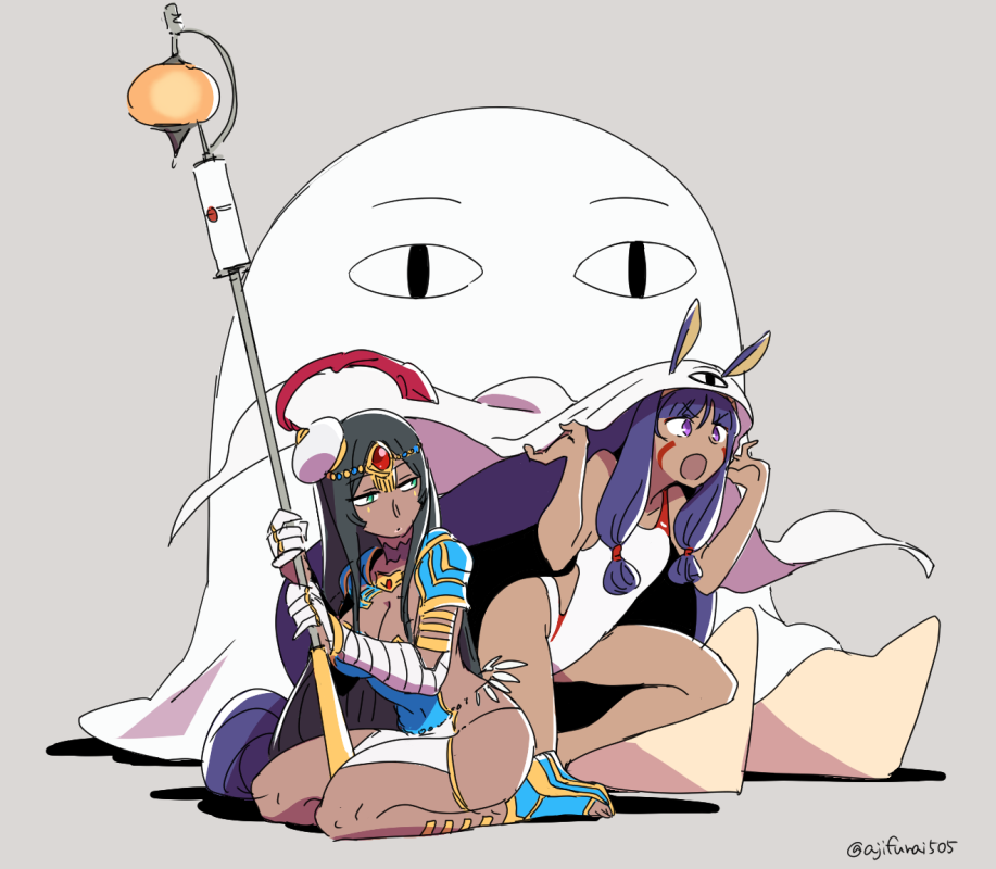 2girls animal_ears arm_wrap asaya_minoru black_hair blue_swimsuit breasts casual_one-piece_swimsuit cleavage closed_mouth cosplay dark_skin egyptian egyptian_clothes fate/grand_order fate_(series) forehead_jewel green_eyes grey_background hat holding holding_staff jackal_ears lantern long_hair medium_breasts medjed medjed_(cosplay) mini_hat multiple_girls nitocris_(fate/grand_order) nitocris_(swimsuit_assassin)_(fate) one-piece_swimsuit one_knee open_mouth pauldrons purple_hair scheherazade_(fate/grand_order) seiza sidelocks sitting staff strapless strapless_swimsuit swimsuit very_long_hair violet_eyes white_hat white_swimsuit
