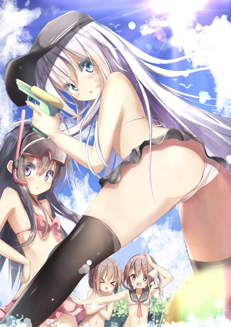 &gt;_&lt; 4girls :d :o akatsuki_(kantai_collection) ass bangs bikini black_hat black_legwear black_sailor_collar blue_eyes blue_sky blurry blurry_foreground blush bow brown_eyes brown_hair closed_eyes clouds cloudy_sky commentary_request covering covering_breasts day depth_of_field diving_mask diving_mask_on_head eyebrows_visible_through_hair fingernails flat_cap folded_ponytail hair_between_eyes hair_ornament hairclip hand_on_hip hat hibiki_(kantai_collection) holding ikazuchi_(kantai_collection) inazuma_(kantai_collection) kantai_collection leaning_forward long_hair multiple_girls na!?_(naxtuyasai) navel neckerchief open_mouth outdoors outstretched_arm parted_lips pink_bikini pink_bow purple_hair red_neckwear sailor_collar silver_hair sky smile snorkel sun sunlight swimsuit thigh-highs topless very_long_hair violet_eyes water water_gun white_bikini white_bikini_top