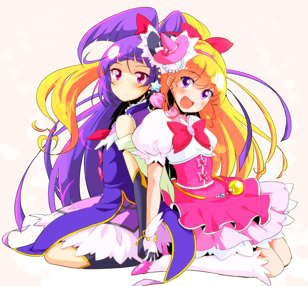 2girls asahina_mirai back-to-back bangs black_footwear black_gloves blunt_bangs blush boots bow bowtie closed_mouth cure_magical cure_miracle dress elbow_gloves eyebrows_visible_through_hair gloves hairband hat head_tilt high_heel_boots high_heels izayoi_liko layered_dress light_frown long_hair looking_at_viewer looking_back magical_girl mahou_girls_precure! mini_hat mini_witch_hat multiple_girls pink_dress pink_hairband pink_hat precure puffy_short_sleeves puffy_sleeves purple_dress purple_hair red_neckwear short_sleeves side_slit sitting sleeveless sleeveless_dress sw violet_eyes wariza white_footwear witch_hat