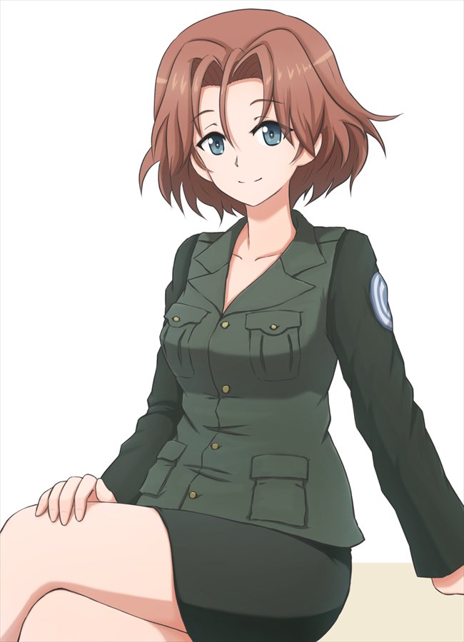 1girl arm_support azumi_(girls_und_panzer) bangs black_jacket black_skirt brown_hair closed_mouth commentary emblem eyebrows_visible_through_hair girls_und_panzer hand_on_leg jacket legs_crossed long_sleeves looking_at_viewer military military_uniform miniskirt no_shirt omachi_(slabco) parted_bangs pencil_skirt selection_university_(emblem) selection_university_military_uniform short_hair sitting skirt smile solo uniform white_background