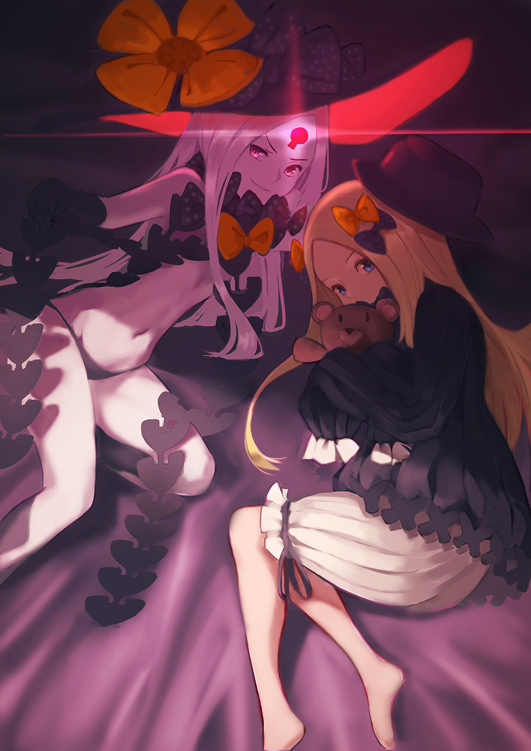 2girls abigail_williams_(fate/grand_order) bangs barefoot black_bow black_dress black_gloves black_hat black_legwear black_panties blonde_hair bloomers blue_eyes bow bug butterfly commentary_request covered_mouth dress dual_persona elbow_gloves fate/grand_order fate_(series) forehead gloves glowing hair_bow hat hat_bow highres insect keyhole kneehighs long_hair long_sleeves lying multiple_girls navel object_hug on_stomach orange_bow pale_skin panties parted_bangs parted_lips polka_dot polka_dot_bow revealing_clothes s.w silver_hair sleeves_past_fingers sleeves_past_wrists smirk stuffed_animal stuffed_toy teddy_bear underwear v-shaped_eyebrows very_long_hair violet_eyes white_bloomers witch_hat