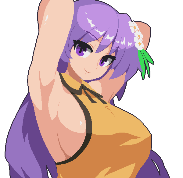 arms_behind_head breasts double_dealing_character flower hair_flower hair_ornament large_breasts pixel_art purple_hair sideboob solo takorin touhou tsukumo_benben violet_eyes