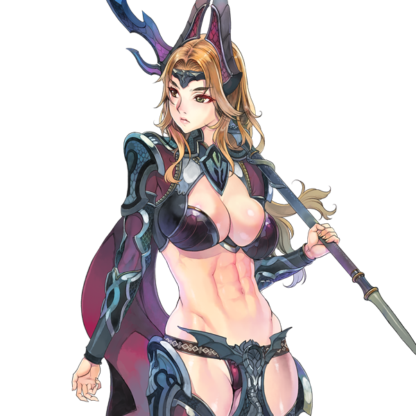 1girl abs armor bikini_armor blonde_hair breasts cleavage cowboy_shot f.s. gorget green_eyes horns large_breasts lips long_hair looking_back navel on_shoulder original polearm serious shoulder_armor solo spaulders spear standing transparent_background vambraces warrior weapon wind