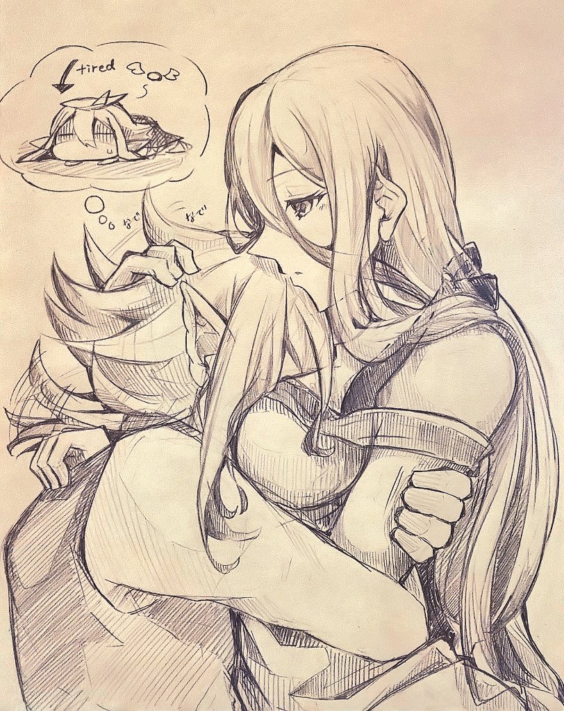 1boy 1girl aqua_(fire_emblem_if) chibi fire_emblem fire_emblem_if graphite_(medium) hug long_hair male_my_unit_(fire_emblem_if) my_unit_(fire_emblem_if) shiratsu_(white-seaside) traditional_media