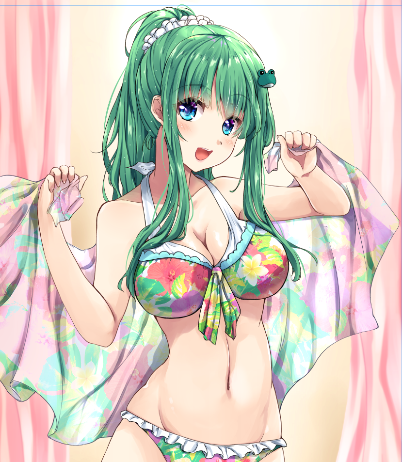 1girl alternate_hairstyle bangs bikini blue_eyes breasts cleavage commentary_request eyebrows_visible_through_hair floral_print frilled_bikini frills frog_hair_ornament front-tie_bikini front-tie_top fule green_hair hair_ornament hair_up head_tilt holding holding_towel kochiya_sanae large_breasts long_hair looking_at_viewer multicolored multicolored_bikini multicolored_clothes navel open_mouth ponytail print_bikini scrunchie sidelocks smile solo standing swimsuit touhou towel upper_body white_scrunchie