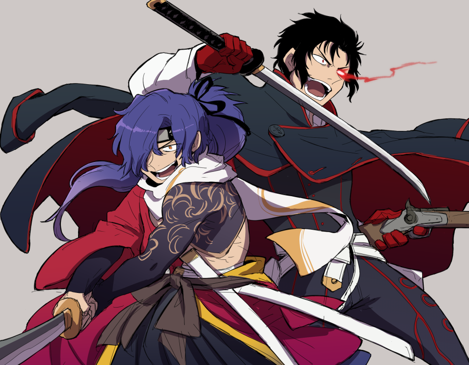 2boys :d antique_firearm asaya_minoru bangs black_cape black_jacket black_ribbon cape commentary_request fate/grand_order fate_(series) firearm firelock flintlock gloves glowing glowing_eye grey_background gun hair_over_one_eye hair_ribbon hijikata_toshizou_(fate/grand_order) holding holding_gun holding_sword holding_weapon jacket katana koha-ace long_hair long_sleeves male_focus multiple_boys okada_izou_(fate) open_mouth orange_eyes ponytail purple_hair red_eyes red_gloves ribbon sheath shirt simple_background smile sword unsheathed v-shaped_eyebrows very_long_hair weapon white_belt white_shirt