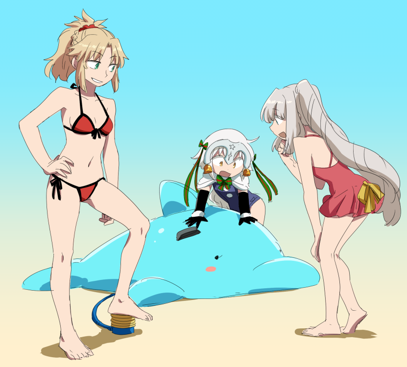 3girls :d air_pump arm_support asaya_minoru bangs bare_arms bare_legs bare_shoulders barefoot beach bell bikini black_gloves blue_sky blue_swimsuit bow breasts brown_eyes collarbone day elbow_gloves eyebrows_visible_through_hair fate/grand_order fate_(series) front-tie_bikini front-tie_top gloves green_bow green_eyes green_ribbon hair_between_eyes hair_bow hand_on_own_knee hand_up headpiece inflatable_dolphin inflatable_toy jeanne_d'arc_(fate)_(all) jeanne_d'arc_alter_santa_lily leaning_forward light_brown_hair long_hair marie_antoinette_(fate/grand_order) marie_antoinette_(swimsuit_caster)_(fate) mordred_(fate)_(all) mordred_(swimsuit_rider)_(fate) multiple_girls navel one-piece_swimsuit open_mouth outdoors parted_bangs red_bikini red_swimsuit ribbon sand school_swimsuit side-tie_bikini silver_hair sky small_breasts smile striped striped_bow striped_ribbon swimsuit twintails very_long_hair