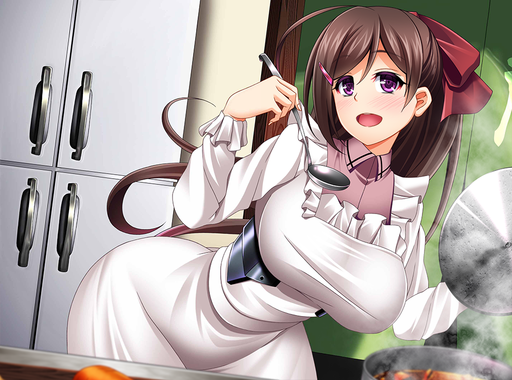 1girl ahoge blush breasts brown_hair food frills hair_ornament hair_ribbon hairclip kantai_collection kappougi large_breasts long_hair long_sleeves mamiya_(kantai_collection) mirisha ponytail ribbon solo violet_eyes