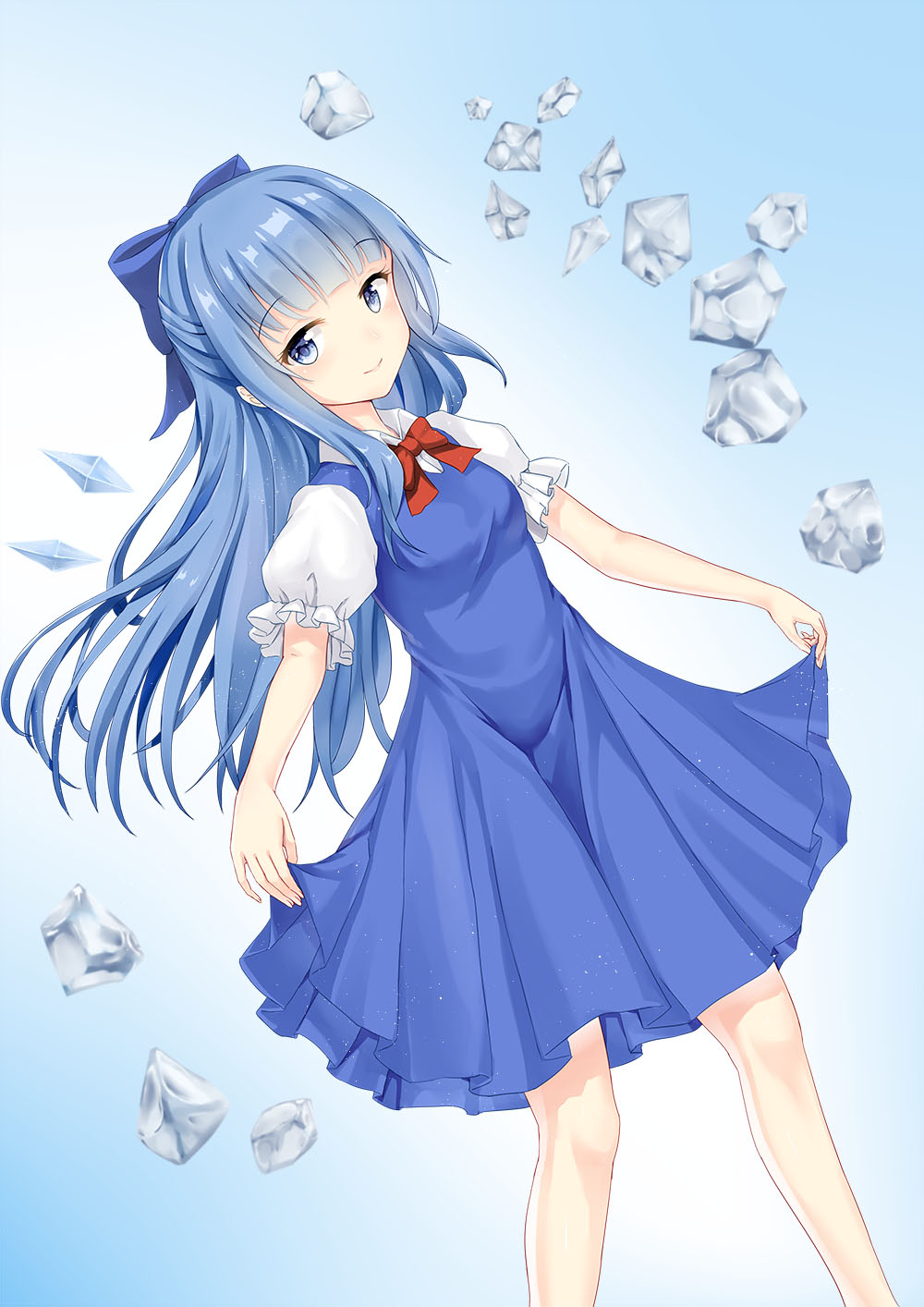 1girl alternate_hair_length alternate_hairstyle bangs blue_background blue_bow blue_dress blue_eyes blue_hair bow chinese_commentary cirno dress dutch_angle eyebrows_visible_through_hair feet_out_of_frame gradient gradient_background hair_bow half_updo highres huanxiang_xiangde_xiaoyue ice light_particles long_hair looking_at_viewer pinafore_dress puffy_short_sleeves puffy_sleeves red_neckwear red_ribbon ribbon shirt short_sleeves sidelocks skirt_hold smile solo tareme touhou white_shirt wings