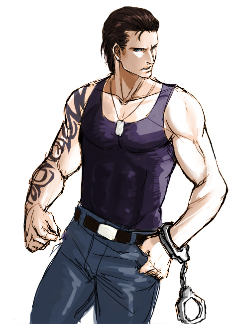 1boy abs arimi_rio_(baubau) belt billy_coen black_hair blue_eyes cuffs handcuffs jewelry male_focus necklace resident_evil resident_evil_0 simple_background solo tattoo teeth upper_body white_background