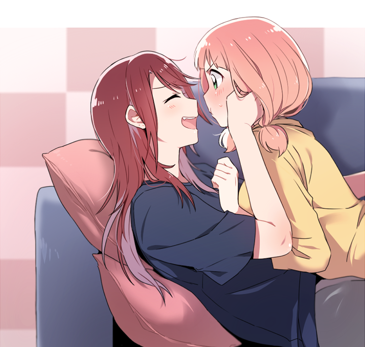 2girls ^_^ bang_dream! bangs blue_shirt blush checkered checkered_background clenched_hand closed_eyes couch from_side green_eyes hand_on_another's_cheek hand_on_another's_face long_hair low_twintails lying_on_person medium_hair multiple_girls open_mouth pillow pout re_ghotion shirt short_sleeves smile sweatdrop twintails udagawa_tomoe uehara_himari v-shaped_eyebrows yellow_shirt yuri