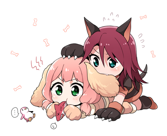 ... 2girls all_fours animal_ears bang_dream! bangs biting blue_eyes bone chew_toy chibi dog_ears dog_tail ear_biting flying_sweatdrops gloves green_eyes hair_between_eyes hand_on_another's_head long_hair low_twintails lying medium_hair multiple_girls on_stomach paw_gloves paws pink_hair re_ghotion redhead simple_background spoken_ellipsis spoken_sweatdrop sweatdrop tail twintails udagawa_tomoe uehara_himari v-shaped_eyebrows white_background