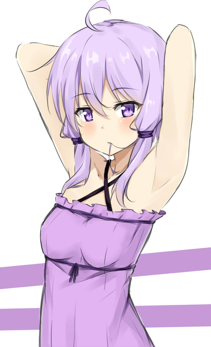 1girl ahoge armpits arms_up bangs bare_shoulders blush breasts closed_mouth collarbone commentary_request criss-cross_halter dress eyebrows_visible_through_hair hair_between_eyes hair_in_mouth halterneck kohakope purple_dress purple_hair small_breasts solo violet_eyes voiceroid white_background yuzuki_yukari