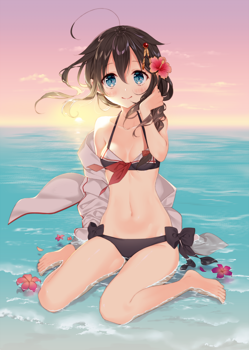 1girl ahoge bare_shoulders barefoot beach bikini black_bikini blue_eyes blush bow braid breasts brown_hair cleavage closed_mouth clouds collarbone day eyebrows_visible_through_hair flower full_body hair_between_eyes hair_bow hair_flaps hair_flower hair_ornament hair_over_shoulder hair_ribbon hibiscus jacket kantai_collection lips long_hair looking_at_viewer medium_breasts naoto_(tulip) navel ocean open_clothes open_jacket outdoors red_bow red_flower red_ribbon remodel_(kantai_collection) ribbon shigure_(kantai_collection) side-tie_bikini single_braid sitting sky smile solo sunset swimsuit wariza water white_jacket