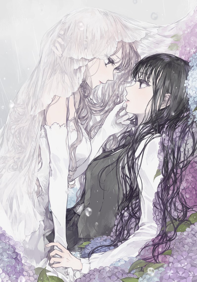 2girls bangs bare_shoulders black_hair bridal_veil brown_hair commentary_request dress elbow_gloves finger_to_another's_mouth flower from_side gloves kakmxxxny06 long_hair long_sleeves looking_at_another multiple_girls original profile purple_flower rain upper_body veil wedding_dress white_dress white_gloves yuri