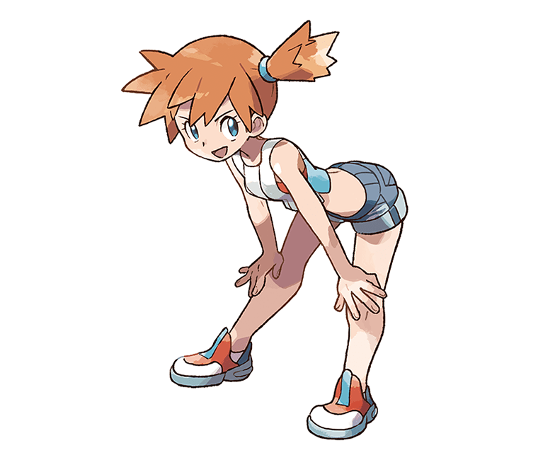 1girl bent_over blue_eyes blue_shorts breasts crop_top female full_body hair_tie hands_on_own_knees happy kasumi_(pokemon) legs_apart looking_to_the_side midriff official_art open_mouth orange_hair outline pokemon pokemon_(game) pokemon_lgpe red_footwear shirt shoes short_hair short_shorts shorts side_ponytail sleeveless sleeveless_shirt small_breasts smile solo standing tied_hair transparent_background white_outline white_shirt
