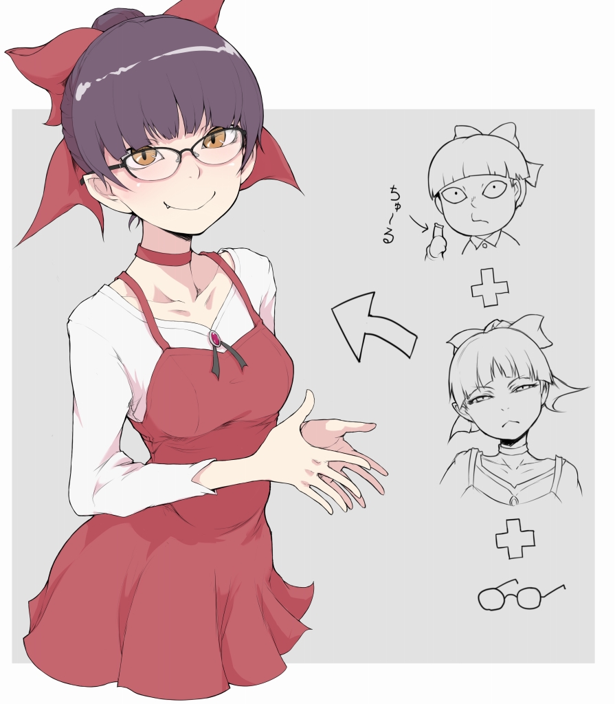 1girl :&lt; bespectacled bow bowl_cut choker dress face fang fusion gegege_no_kitarou gem glasses hair_bun half-closed_eyes head_tilt ina_(gokihoihoi) long_sleeves looking_at_viewer nekomusume nekomusume_(gegege_no_kitarou_6) pinafore_dress pink_bow pointy_ears purple_hair red_choker shirt short_hair slit_pupils smile solo translation_request upper_body white_shirt yellow_eyes