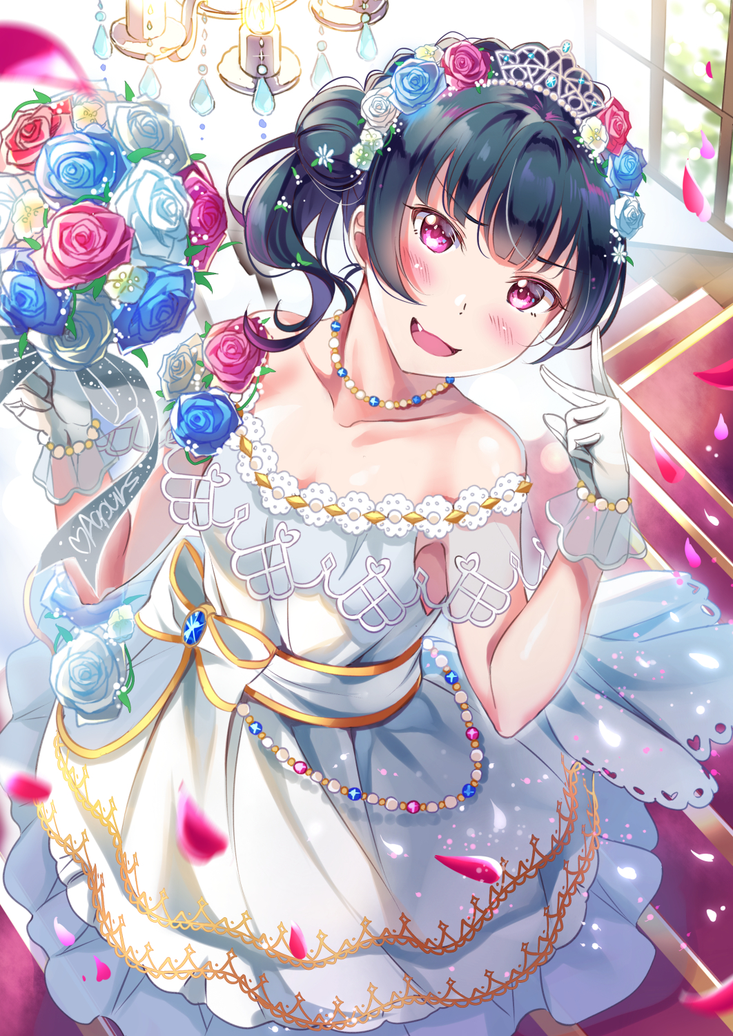 1girl :d alternate_hairstyle bangs bare_shoulders black_hair blue_flower blue_hair blue_rose blush bouquet bracelet chandelier collarbone commentary_request dress fang flower gloves group_name hair_flower hair_ornament highres holding holding_bouquet jewelry looking_at_viewer love_live! love_live!_sunshine!! necklace open_mouth petals pink_flower pink_rose red_flower red_rose rose sash side_bun side_ponytail smile solo tiara tipii tsushima_yoshiko v violet_eyes white_flower white_gloves white_rose window