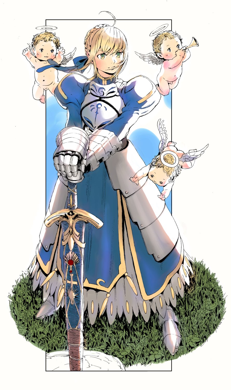 1girl ahoge armor armored_dress artoria_pendragon_(all) blonde_hair braid caliburn cherub commentary_request fate/stay_night fate_(series) french_braid full_body gauntlets grass green_eyes hair_ribbon halo hands_on_hilt highres looking_to_the_side navel puffy_sleeves ribbon saber standing sword weapon wings yasuda_akira
