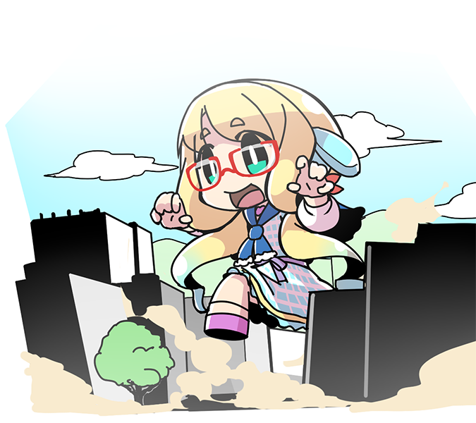 1girl blonde_hair bright_pupils building chibi claw_pose clouds dress giantess glasses gradient_hair green_eyes haruno_sora long_hair long_sleeves moyasiwhite multicolored_hair open_mouth plaid red-framed_eyewear skyscraper smile solo stomping very_long_hair vocaloid voiceroid