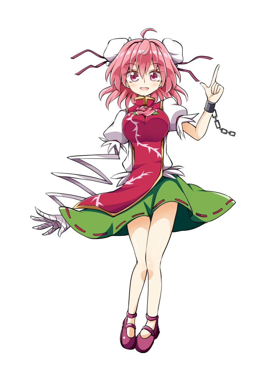 ahoge aki_chimaki amputee bandage chains cuffs double_bun flower full_body green_skirt highres ibaraki_kasen index_finger_raised looking_at_viewer open_mouth pink_eyes pink_flower pink_hair pink_rose puffy_sleeves ribbon ribbon-trimmed_skirt ribbon_trim rose shackles shoes simple_background skirt tabard touhou white_background